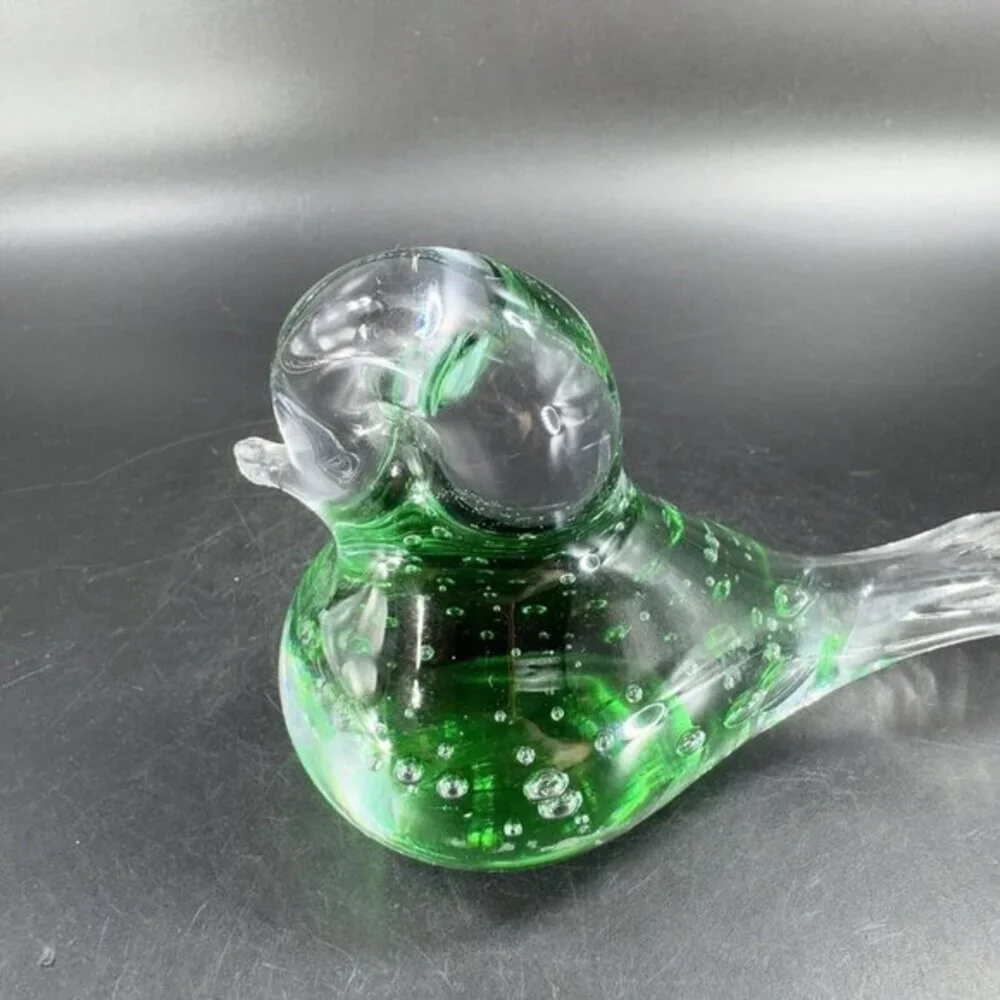 Vintage Italian Art Glass Green Bird Figurine With Small Bubbles Polished Bottom